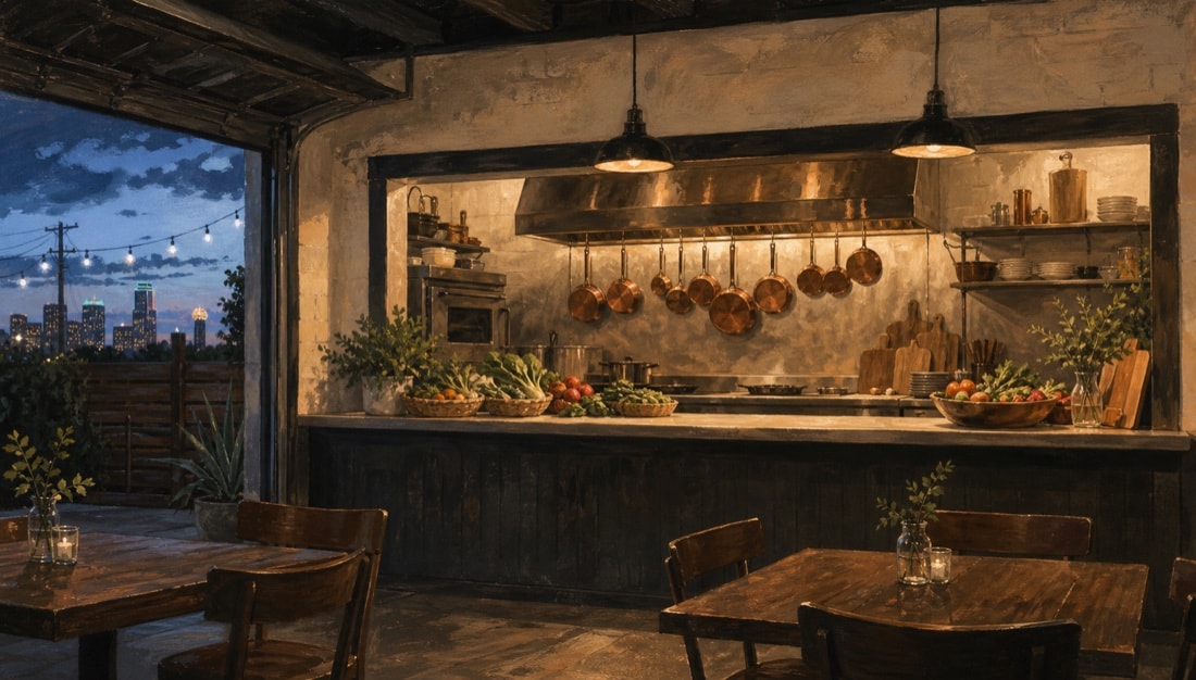 Editorial illustration of a compact kitchen within a converted garage