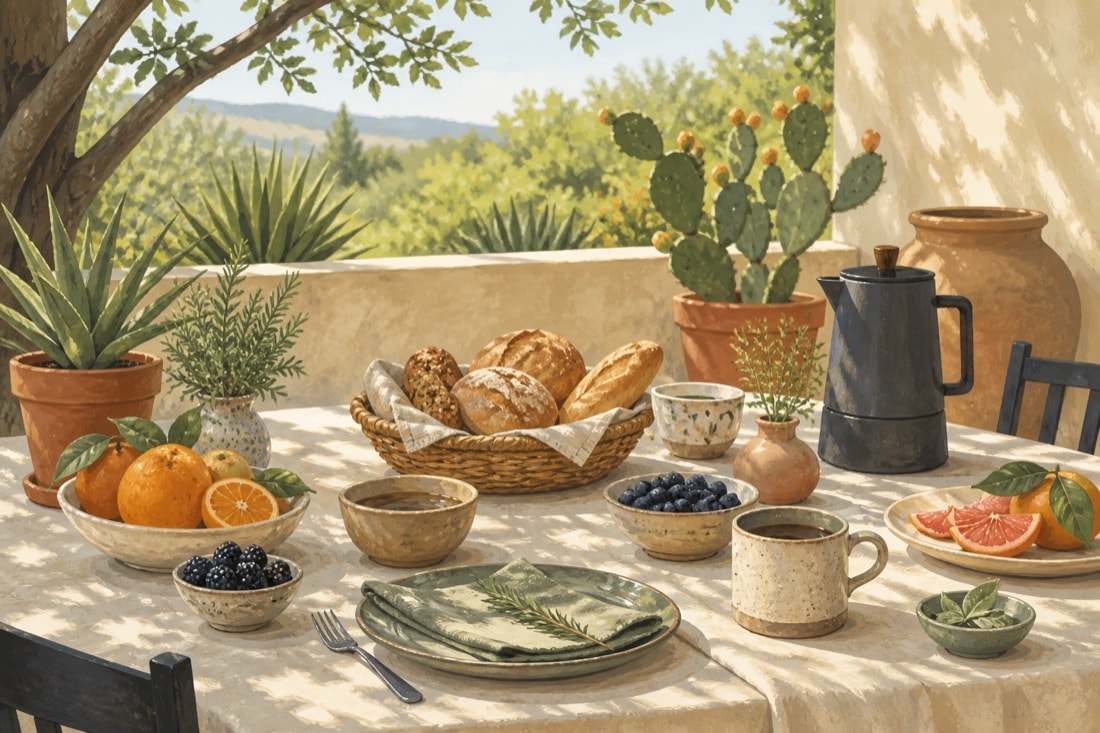 Editorial illustration of a sunny brunch table with bread, fruit, herbs and coffee