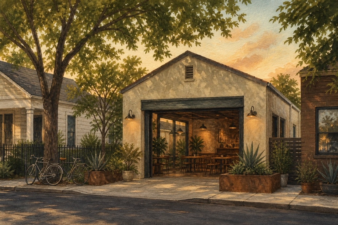 Editorial illustration of an Oak Cliff streetscape and adapted garage